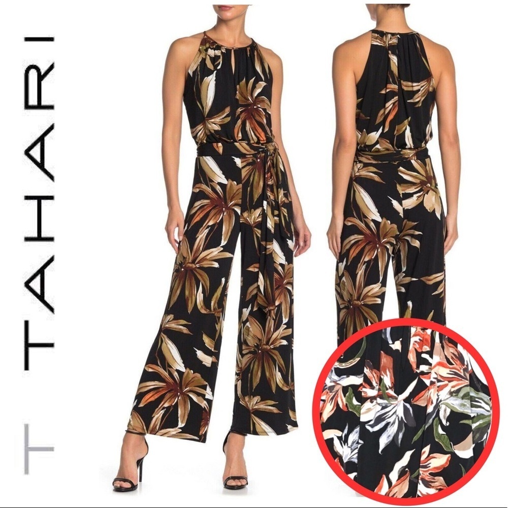 T Tahari Floral Print Halter Neck Jumpsuit Keyhole Back Wide Pant Leg‎